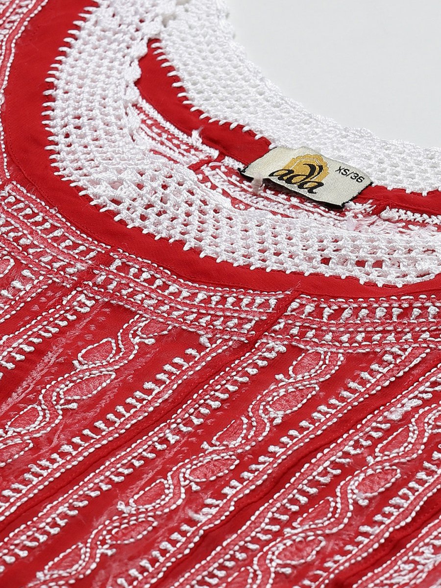 ADA Women Red & White Ethnic Motifs Embroidered Chikankari Georgette Kurta 