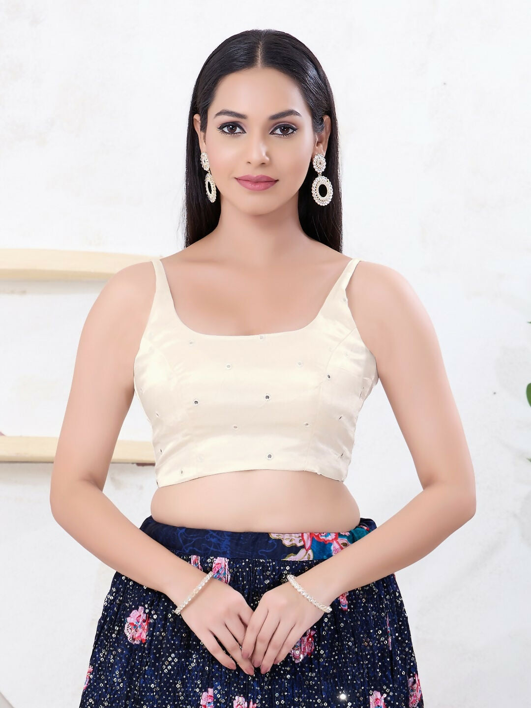 Joban Fashion Off-White Gajji Silk Sleeveless Back Open Blouse | Grab2Buy