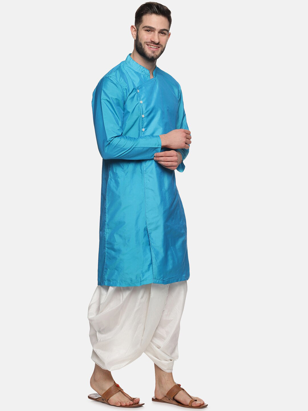 Sethukrishna Men Turquoise Blue Angrakha Kurta with Dhoti Pants