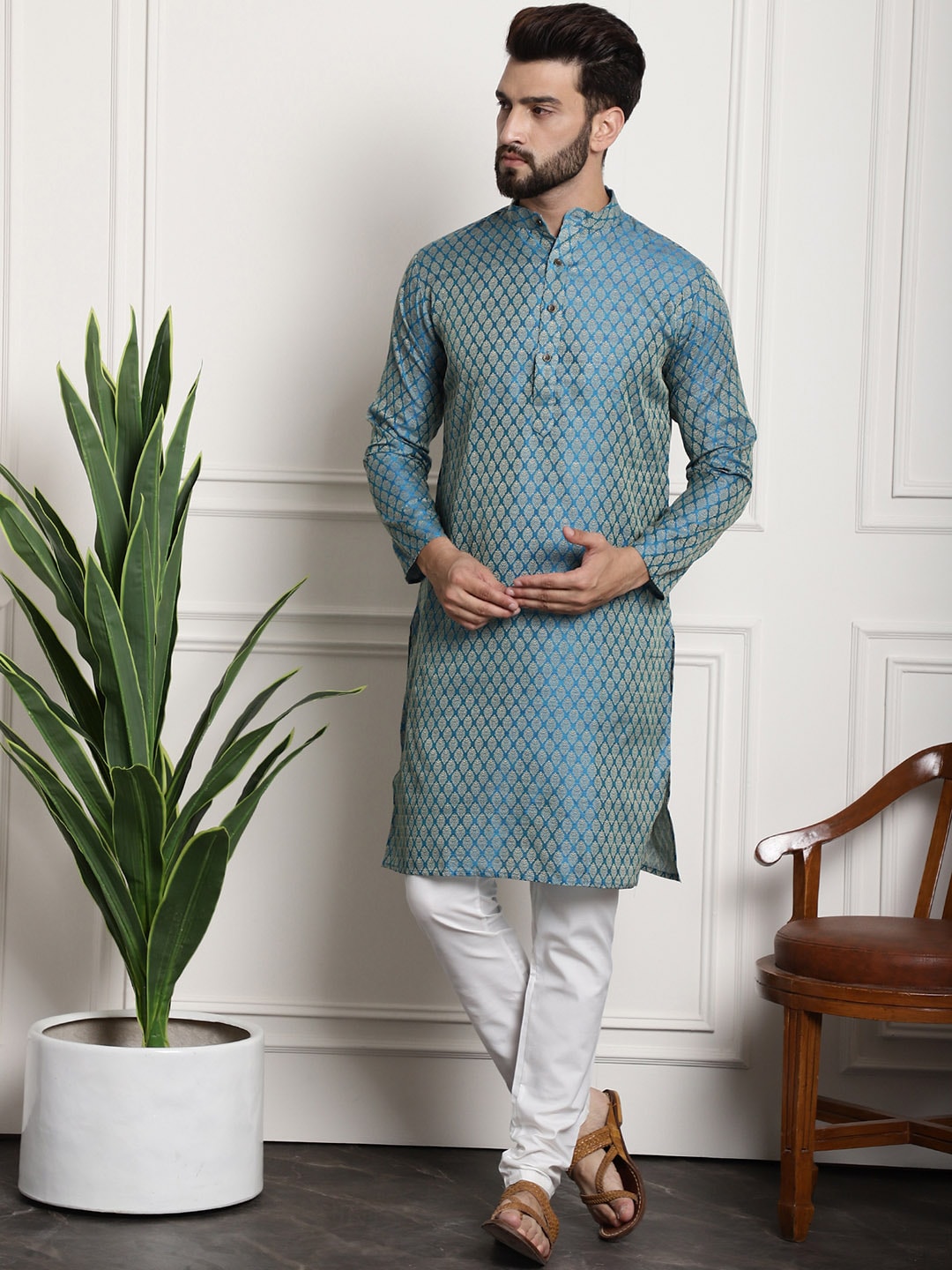 Sojanya Men Blue & Off-White Woven Design Kurta with Churidar 