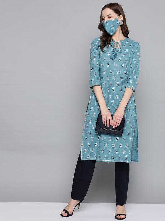 HERE&NOW Women Blue White Printed Straight Kurta