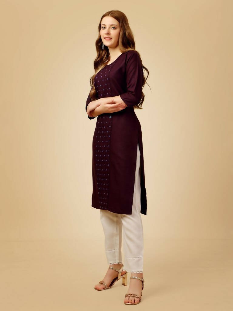 Aastha Fashion Women's Wine Cotton Blend Embroidered Kurta Pant Set - Grab2buy