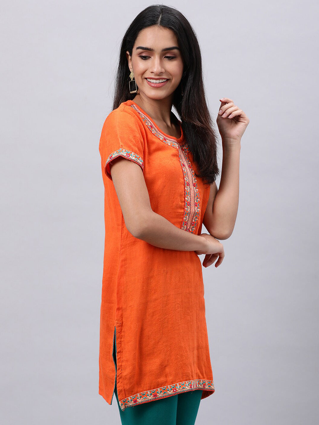 Souchii Orange Floral Embroidered Mirror Work Mirror Work Kurti 