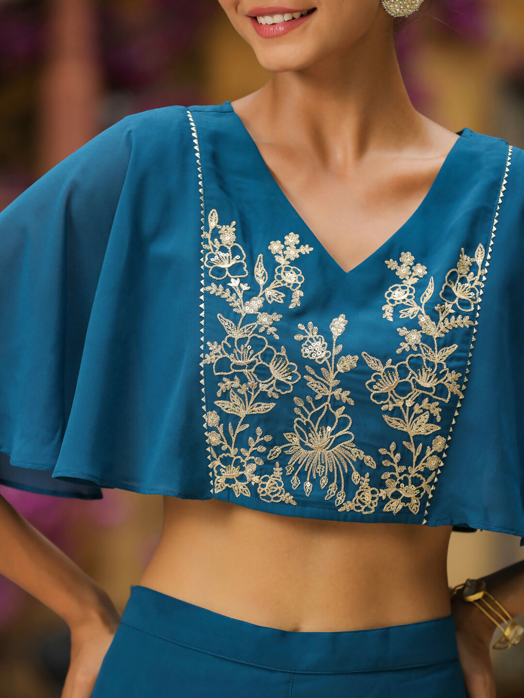 Janasya Teal Blue Georgette Yoke Embroidery Co-Ords 