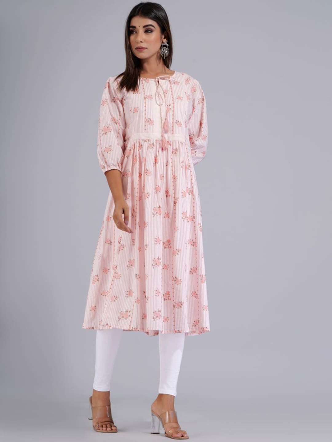 HERE&NOW Peach & White Floral Printed Tie-Up Neck Cotton A-Line Kurta