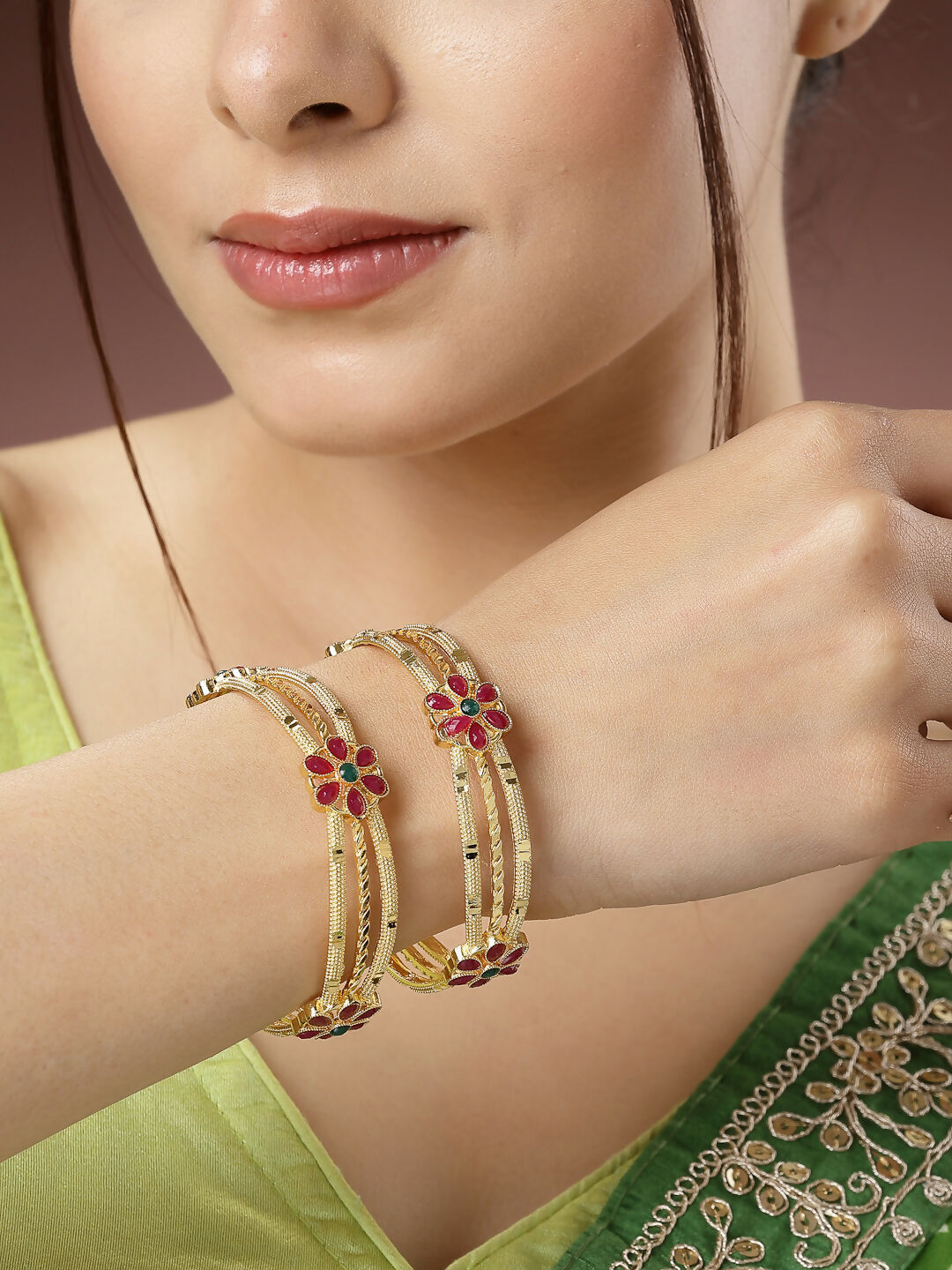 NVR Women's Set of 2 Gold-Polished Artificial Stones Handcrafted Traditional Bangles 