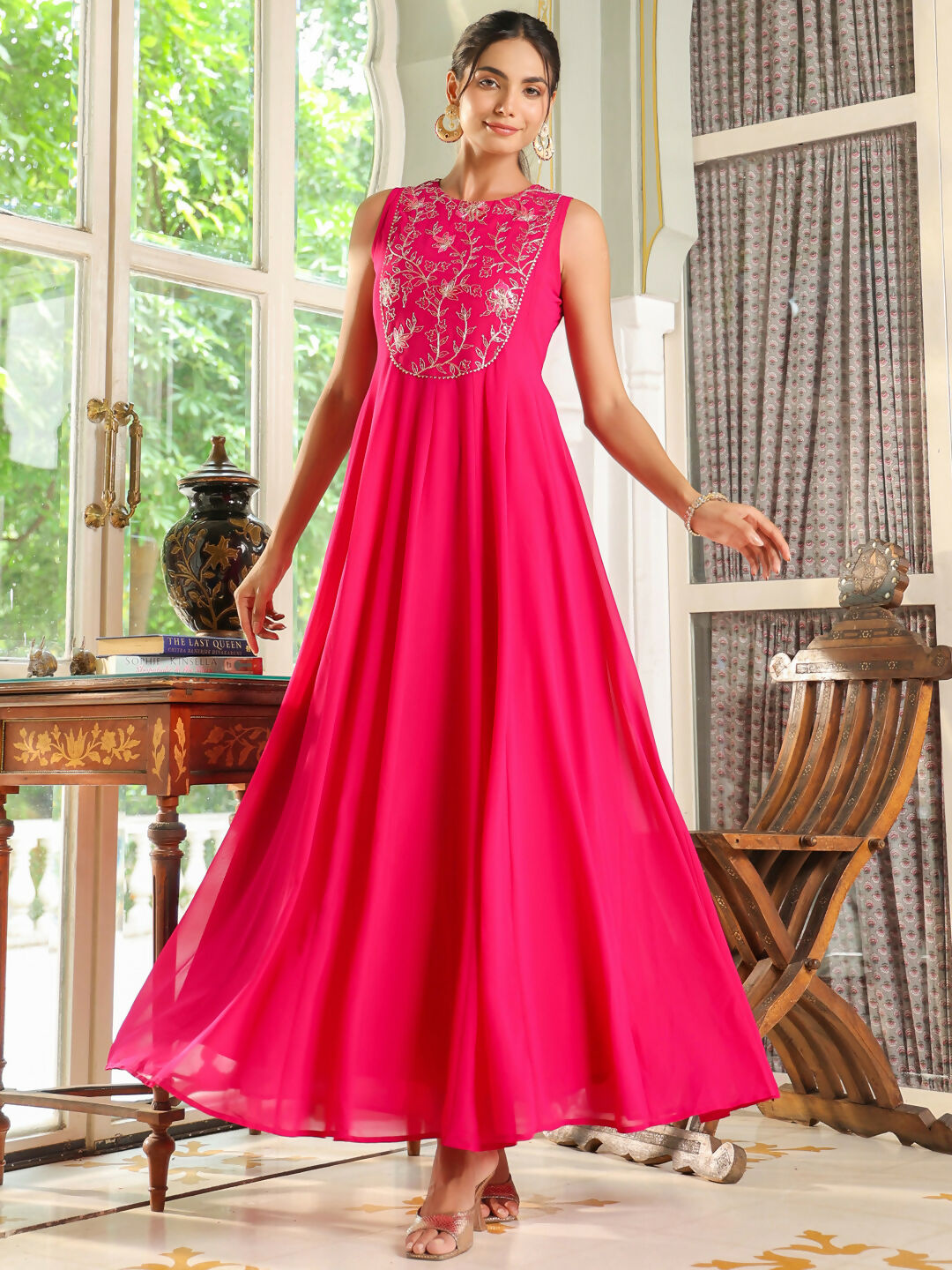 Janasya Pink Georgette Embroidered Dress & Cape 