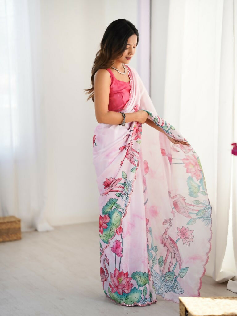 Off White Chinon Designer Digital Printed,Mirror Cut Work Saree - Manvika