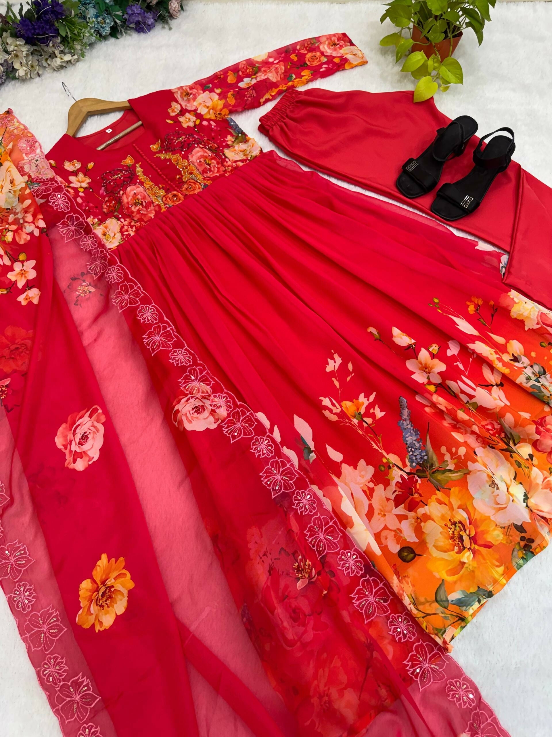 Teeya Creation Womens New Fancy Fox Georgette Heavy Quality Fabric With Handwork Orange Gown Set