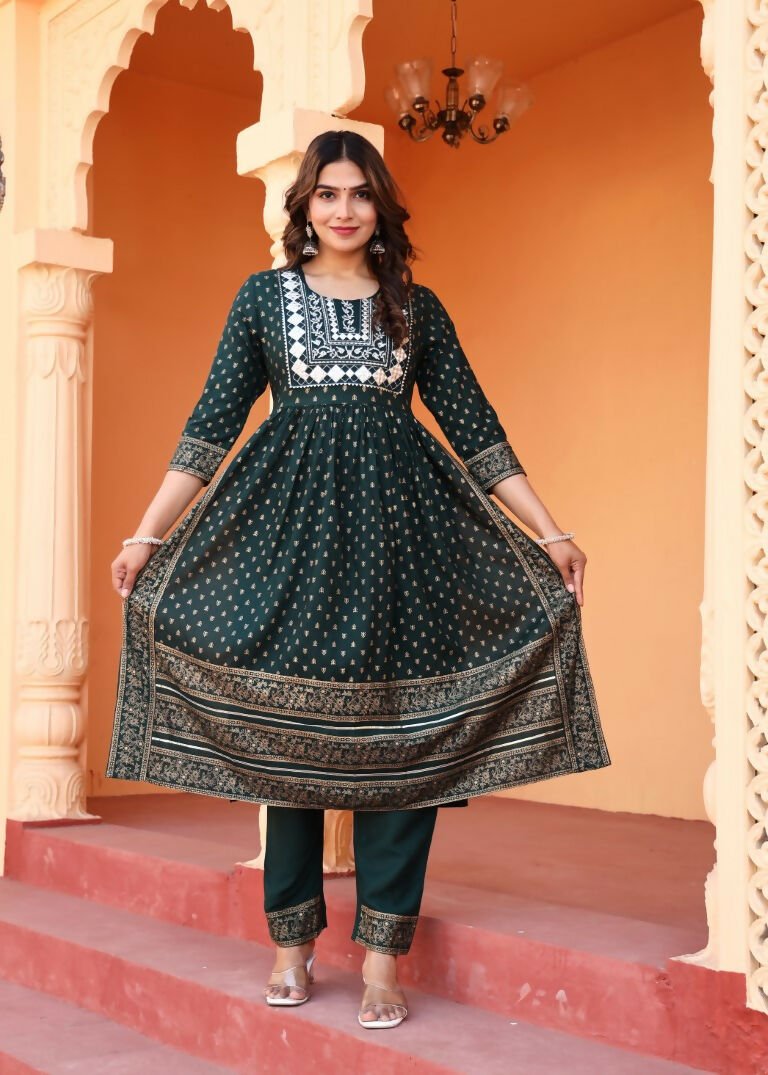 Alvano Women's Embroidery work Print Naira Cut Kurti with Pant and Dupatta set Rayon