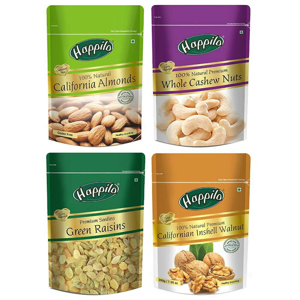 Happilo Premium Californian Almonds, Whole Cashews, Raisins & Walnuts Inshell Combo - Grab2buy