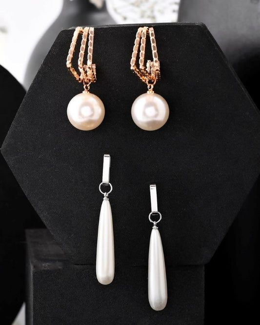 VOJ Set Of 2 Korean Drop Earrings - Gold Plated and Silver Plated With White Pearl - Grab2buy