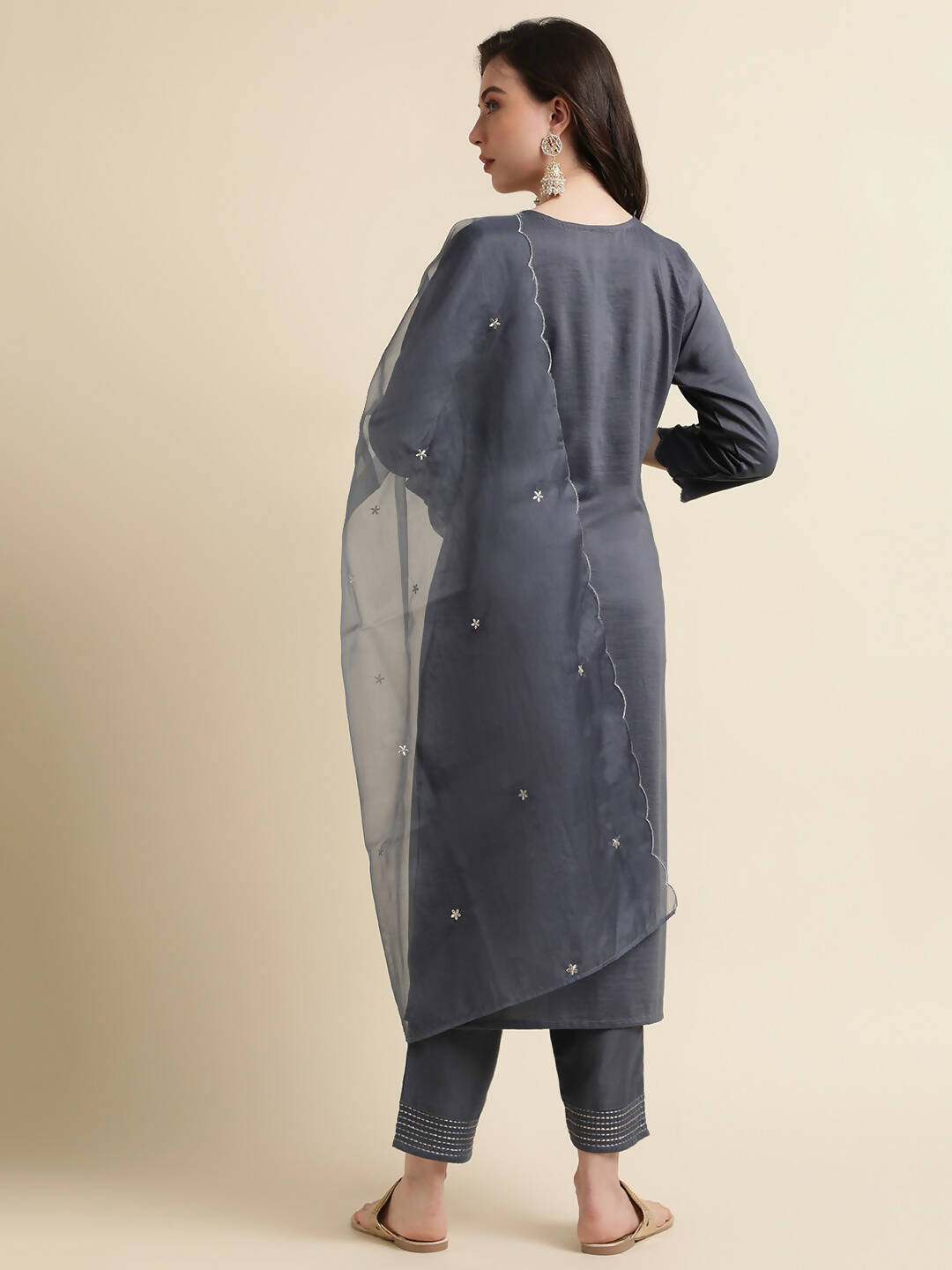 Grey Chinon Silk Embroidered Straight Kurta with Trouser & Dupatta - Salimar