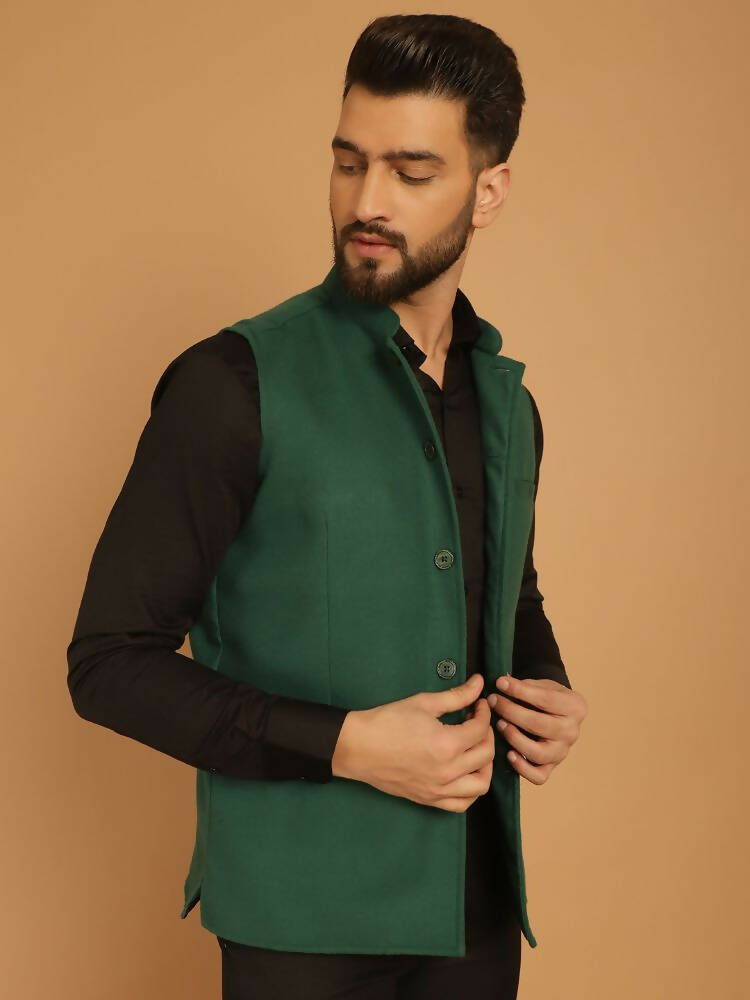 Even Apparels Pure Wool Nehru Jacket - Green 