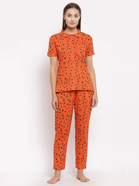 Myshka Women's Brown Cotton Printed Half Sleeve Collar Neck Casual Night suit