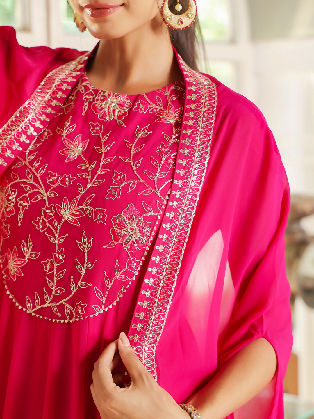 Janasya Pink Georgette Embroidered Dress & Cape 