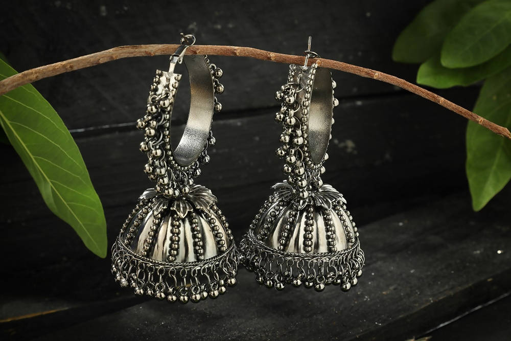 Mominos Fashion Johar Kamal Oxidised Silver-Plated With Ghungroo Jhumkas - Grab2buy