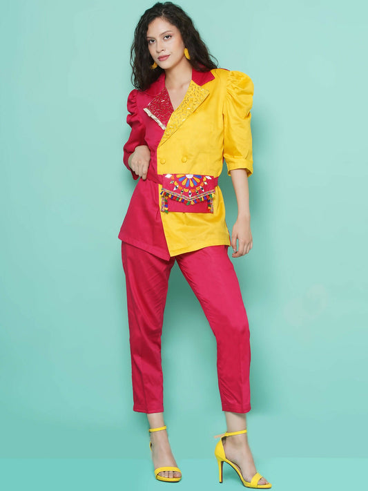 Women Republic Pink And Yellow Cotton Silk hand Embellished Coord set with Pouch - Grab2buy