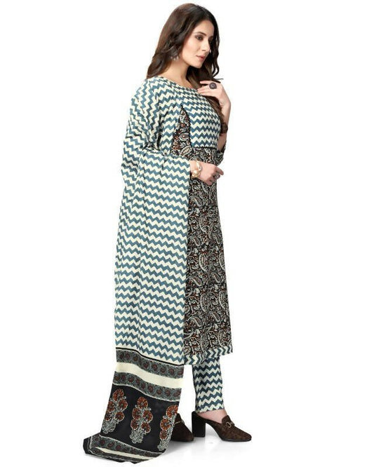 Aastha Fashion Women's Multicolor Cotton Jaipuri Printed Kurta with Trouser & Dupatta - Grab2buy