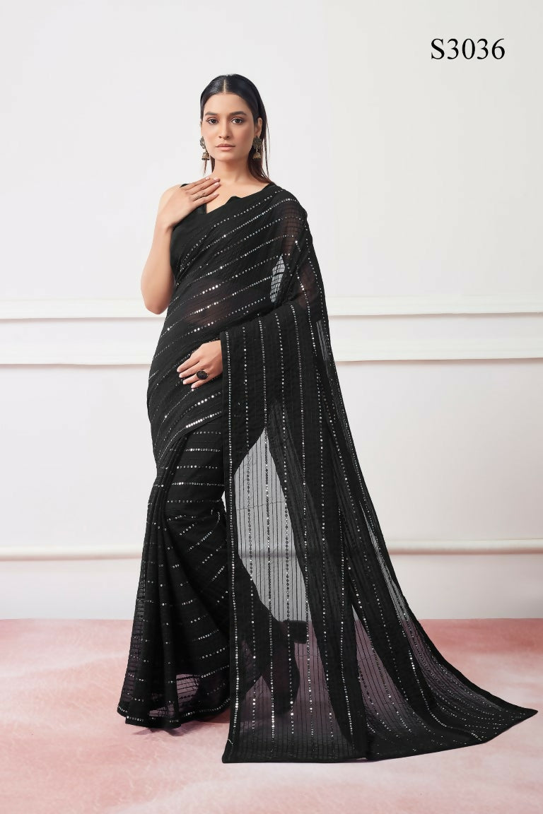 Black Georgette Sequance,Thread Embroidery Work Saree with Unstitched Blouse - Vandini