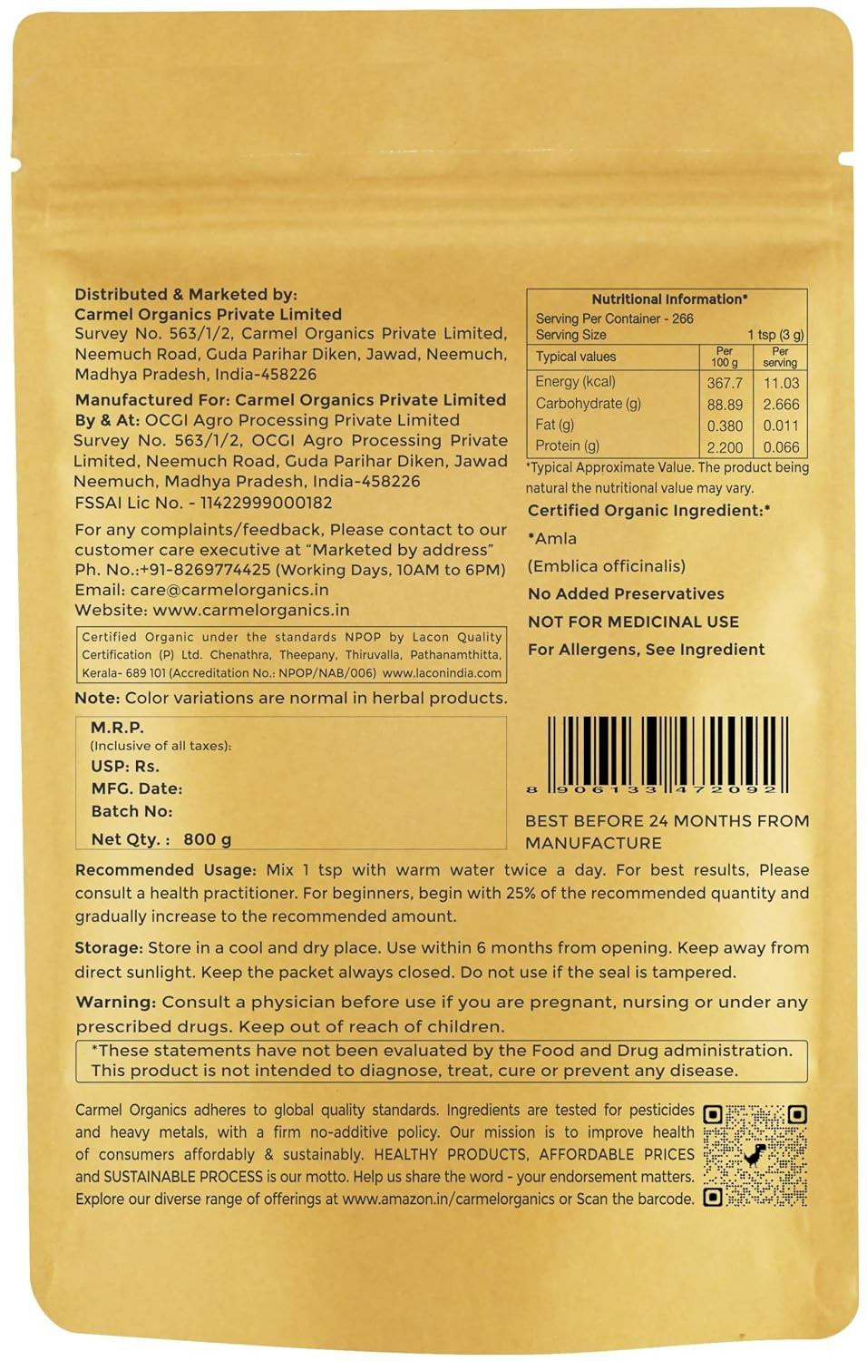 Carmel Organics Amla Fruit Powder 