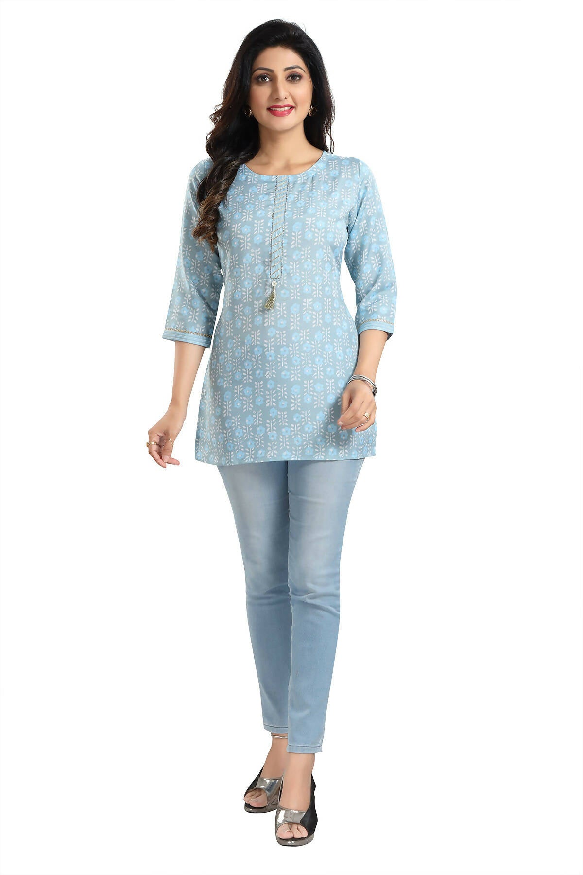 Snehal Creations Pretty Pastel Sky Blue Rayon Short Kurti Tunic Top