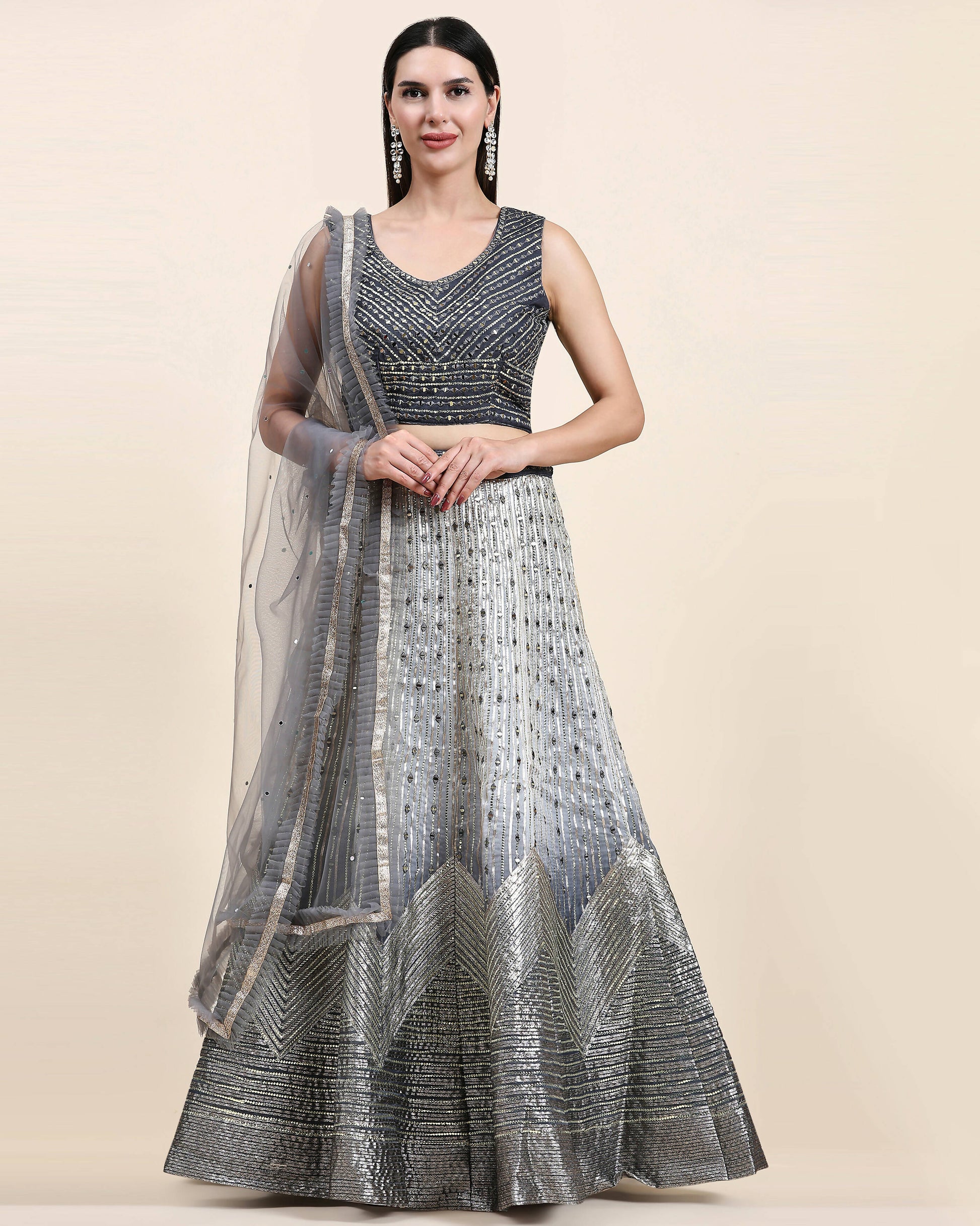 Grey Organza Mirror With Coding Work Lehenga Choli with Dupatta - Tanya