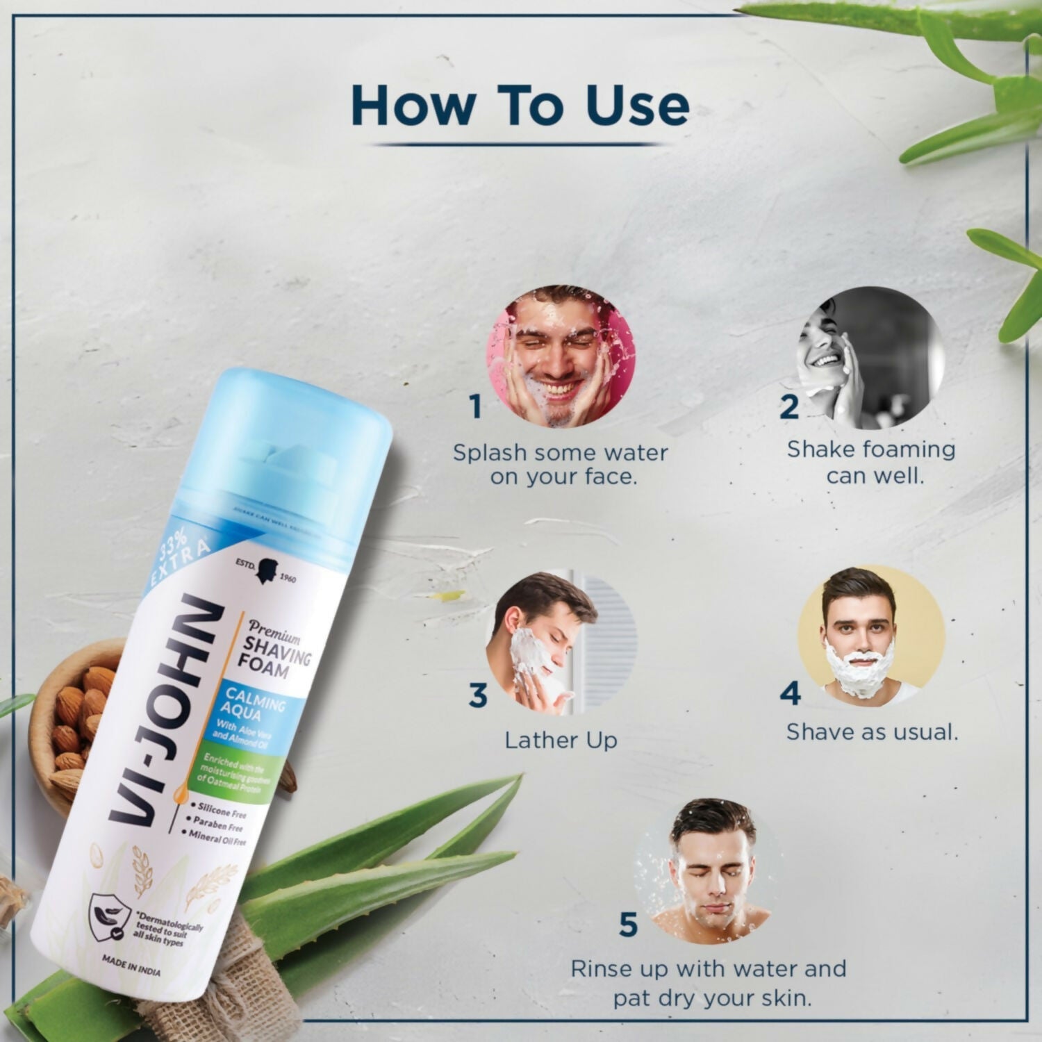 VI-JOHN Dermatologically Tested Premium Claming Aqua Shaving Foam Enriched with Aloevera & Almond Oil Free From Silicone, Paraben & Mineral Oil  Grab2Buy VI-JOHN Grab2Buy