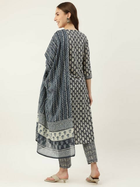 FIORRA Women's Grey Cotton Straight Kurta Pant With Dupatta 