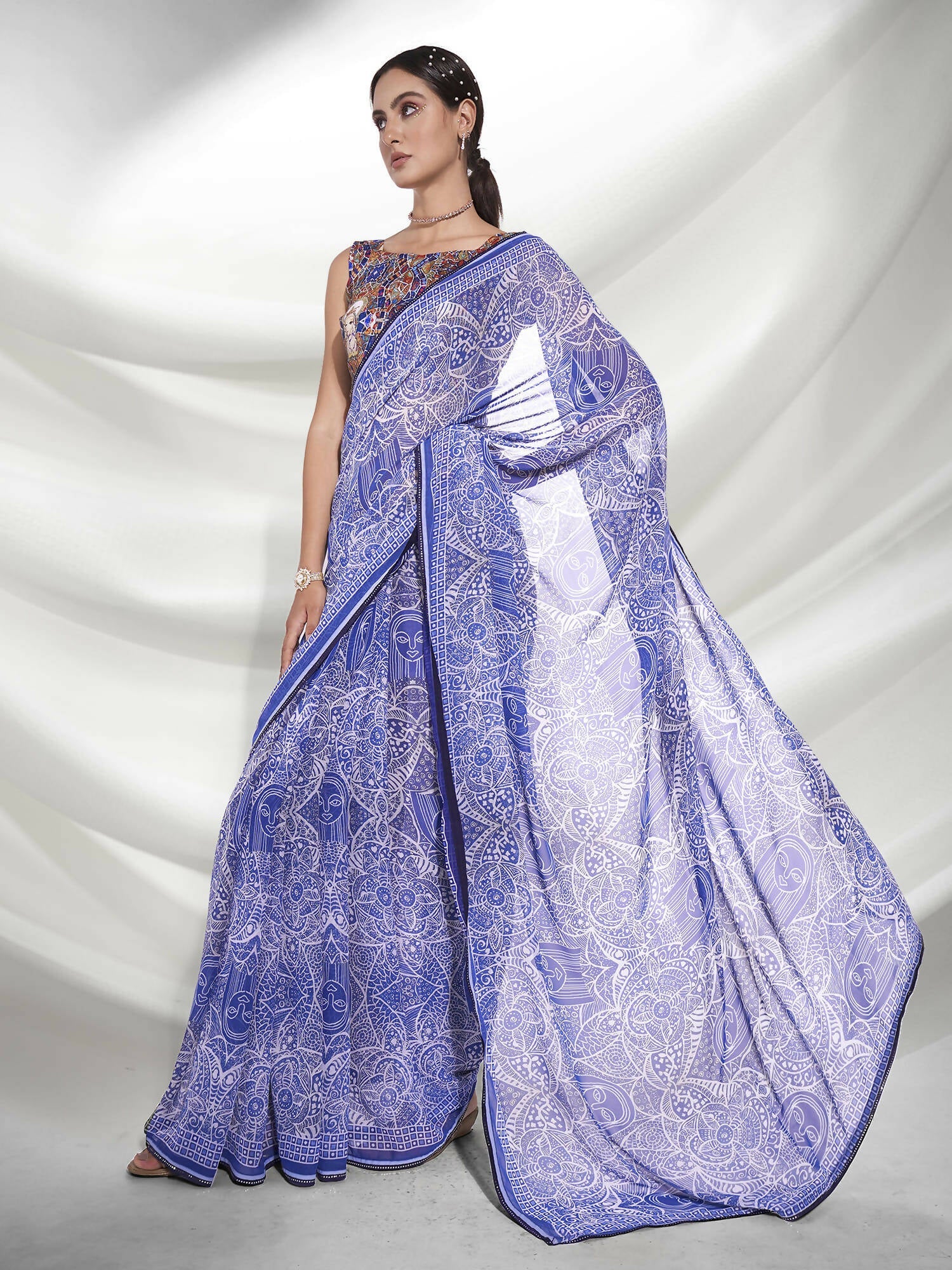 Blue Georgette Floral Printed Saree With Unstitched Blouse Piece - Rajal