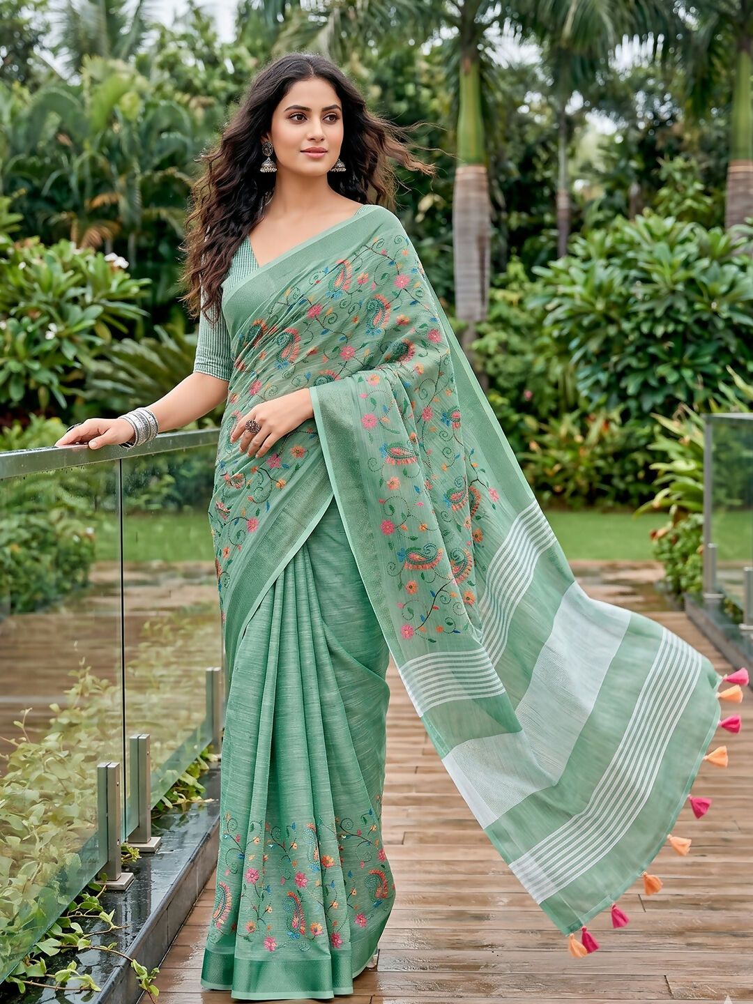 Shree Shyam Fashion Sea Green Linen Saree