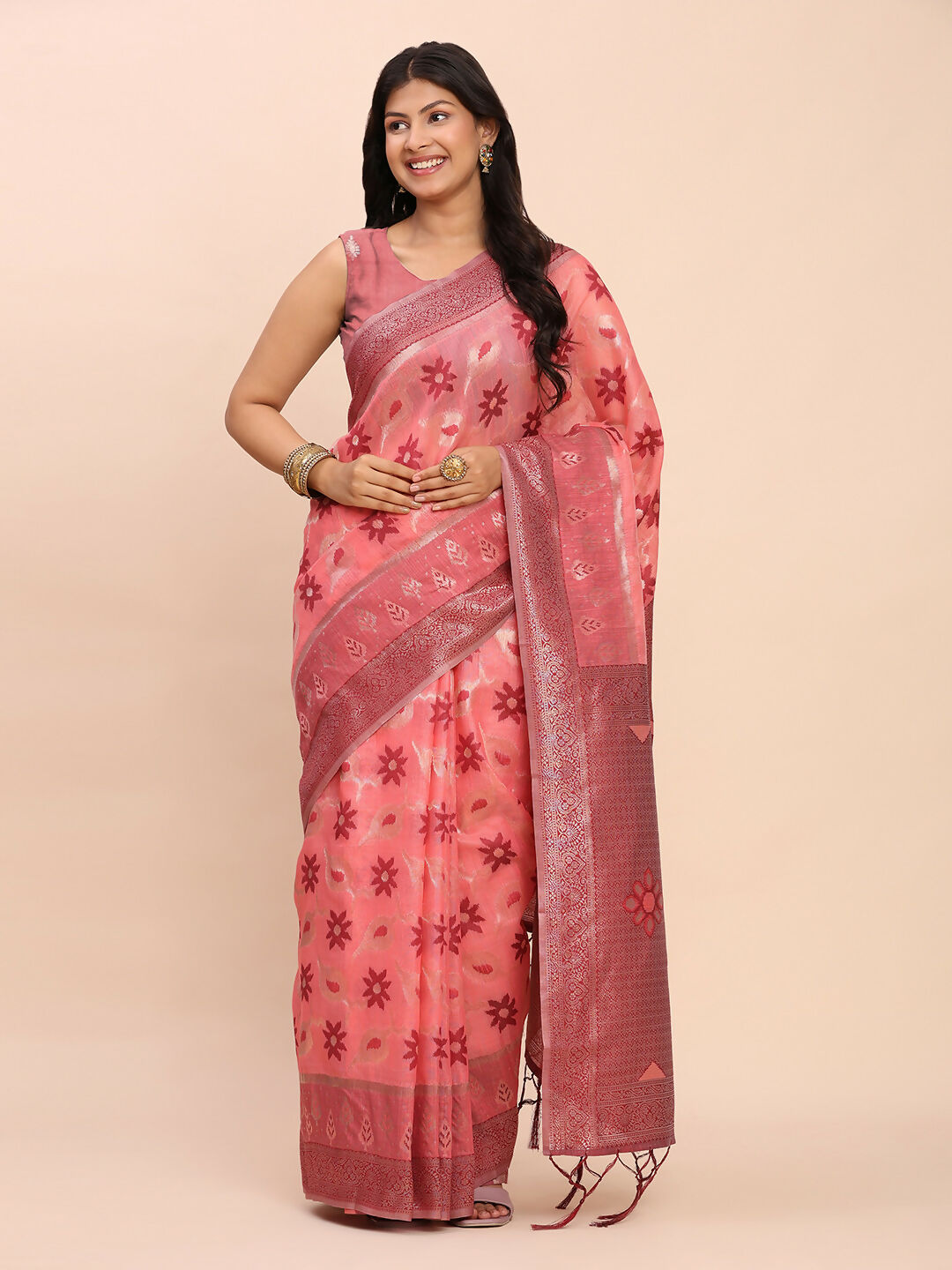 Shree Shyam Fashion Linen Cotton Peach Saree
