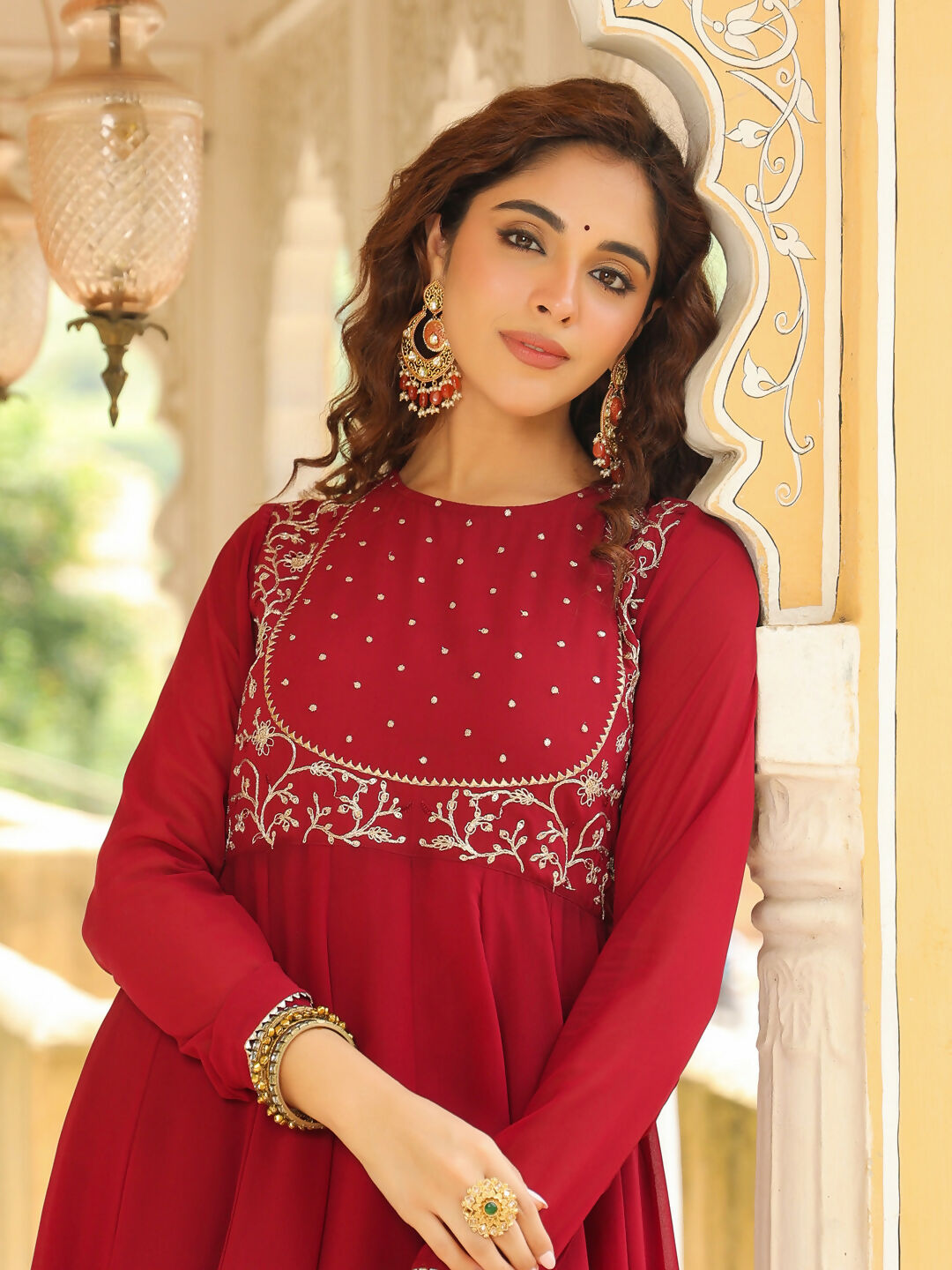Janasya Maroon Georgette Embroidered Kurta,Bottom & Dupatta 