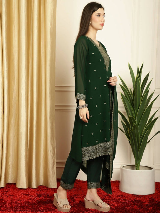 Aastha Fashion Women's Green Georgette Resham Thread & Sequin Kurta with Trouser & Dupatta - Grab2buy