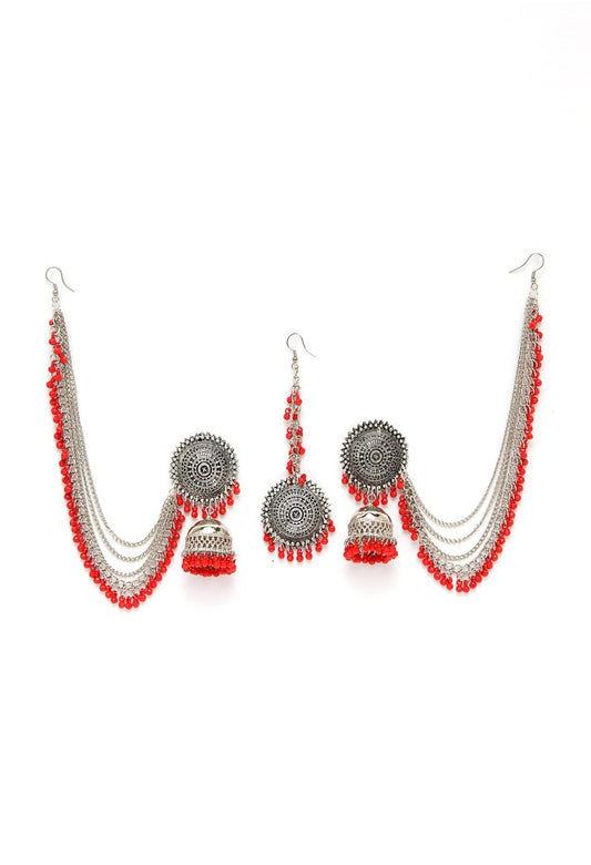 Mominos Fashion Johar Kamal Bahubali Red Beads Earrings With Tikka - Grab2buy