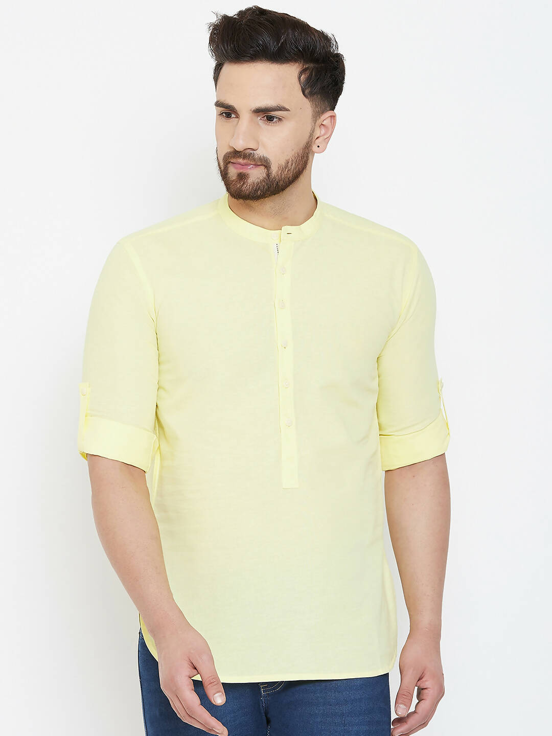 Even Apparels Yellow Color Band Collar Pure Cotton Men's Kurta 