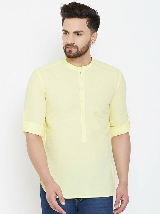Even Apparels Yellow Color Band Collar Pure Cotton Men's Kurta 