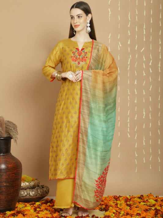 Aastha Fashion Women's Yellow Chanderi Silk Elegant Jardoshi Semi Kurta with Trouser & Dupatta - Grab2buy