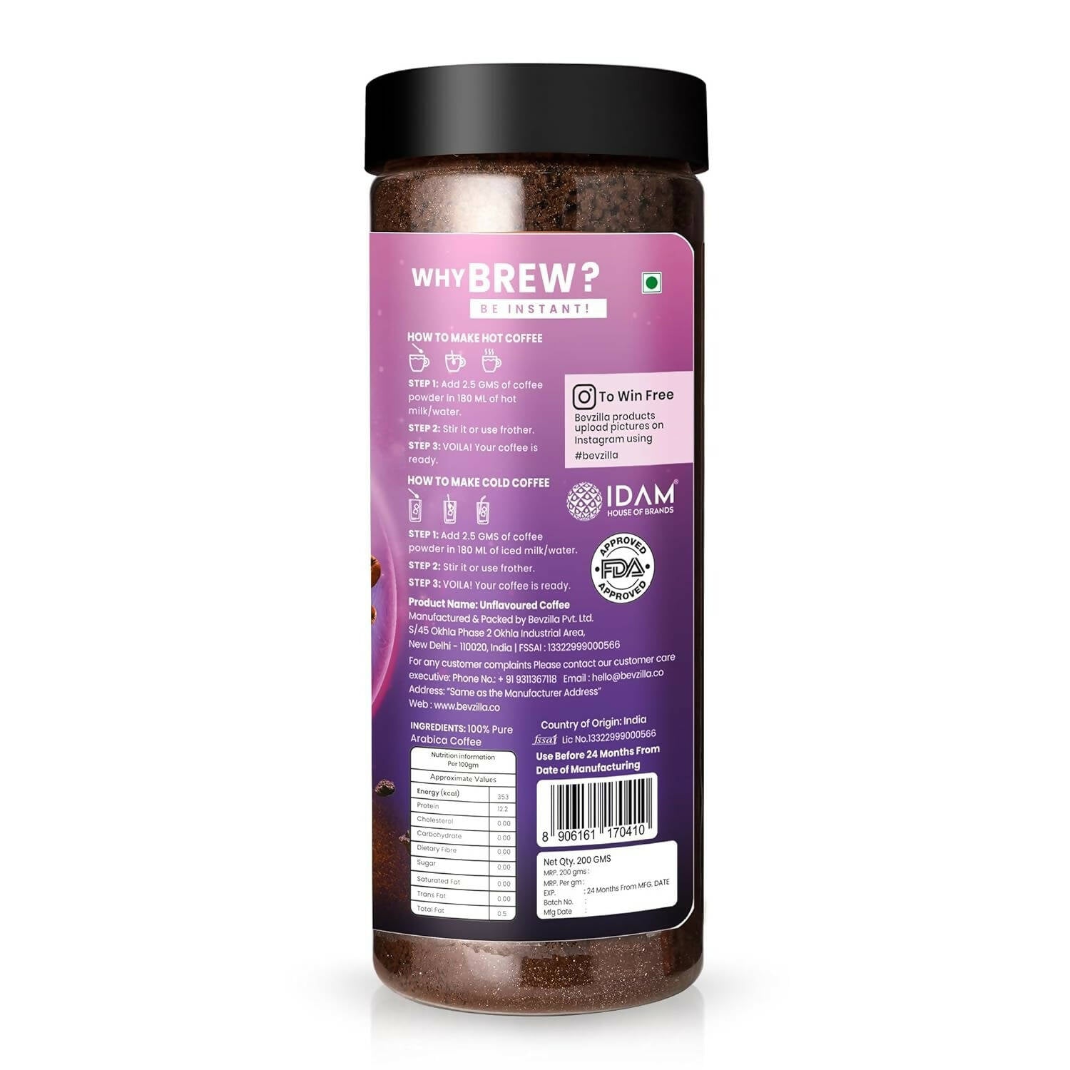 Bevzilla Classic Black Roast Strong Coffee Powder - Dark Wish 