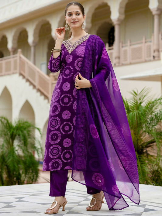 The52 Purple Women's Gorgeous Rayon Embroidered Straight Kurta with Pant And Dupatta Set | Grab2Buy