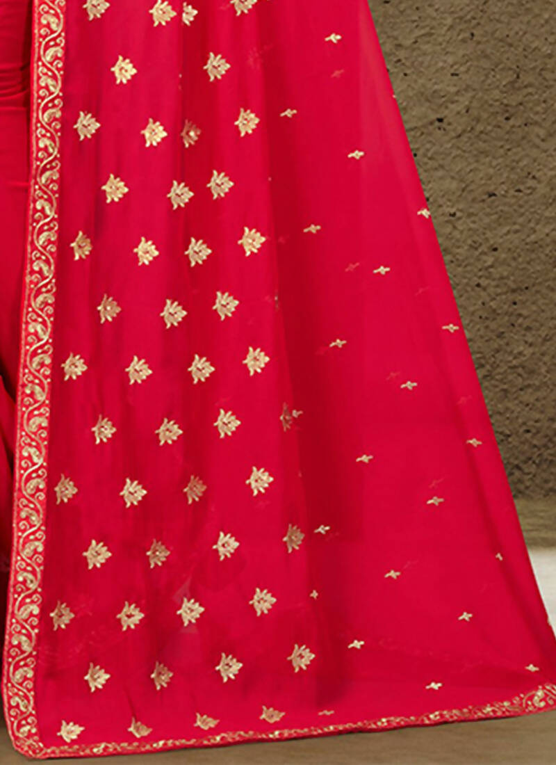 Red Georgette Embroidered Saree with Unstitched Blouse Piece - Avika