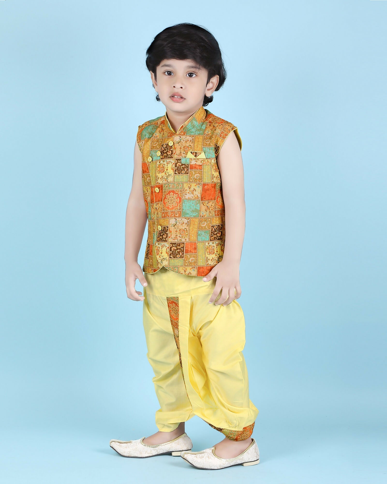 Joban Fashion Kids Island Cotton Sleeveless printed Kurta and Solid Dhoti - Yellow