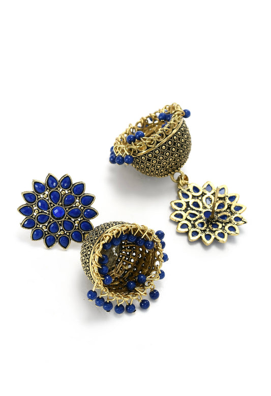 Mominos Fashion Johar Kamal Kundan Work Jhumka With Blue Beads For Women - Grab2buy