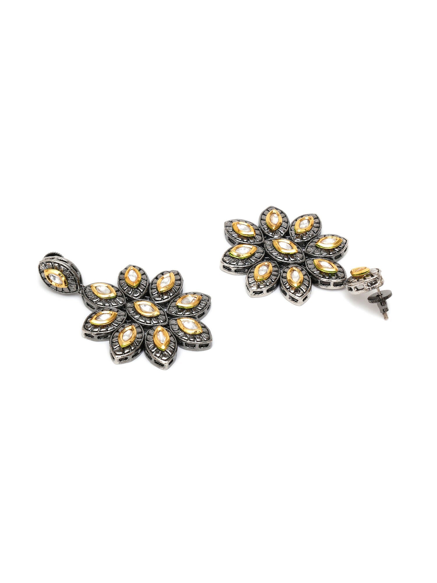 Dual Tone Kundan Flower Studs (silver) - Ruby Raang - Grab2buy