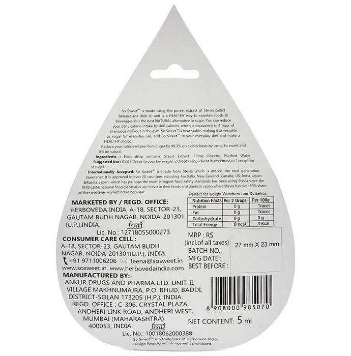 Herboveda So Sweet Stevia Liquid Drops- Sweetener Sugar Free 