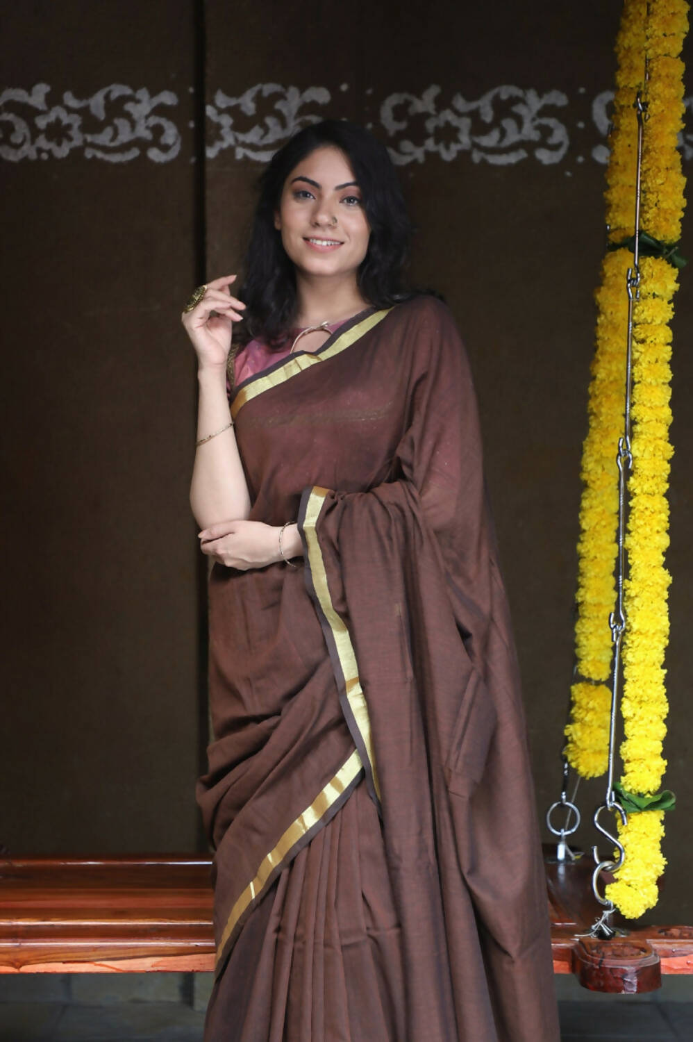 Very Much Indian Pure Cotton Handloom Saree With Intricate Borders - Brown - Grab2buy
