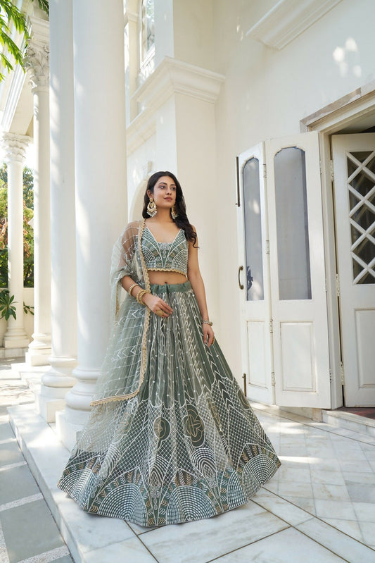 Eilara Glamorous Dusty Green Butterfly Net With Thread And Sequence Embroidered Work Fancy Lace Lehenga Choli For Wedding