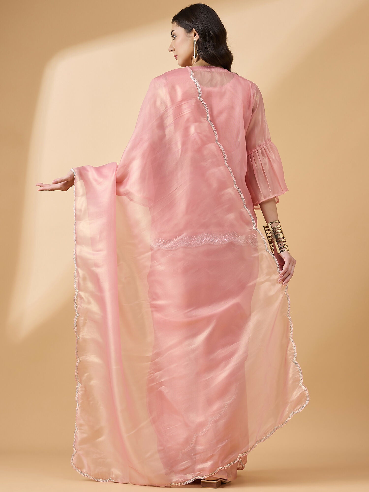 Peach Chiffon Solid Saree with Stitched Blouse & Stone Work Shrug - Dharavi