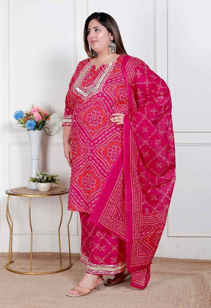 Miravan Plus Size Women'S Pink Bandhani Printed Straight Kurta With Palazzo & Dupatta