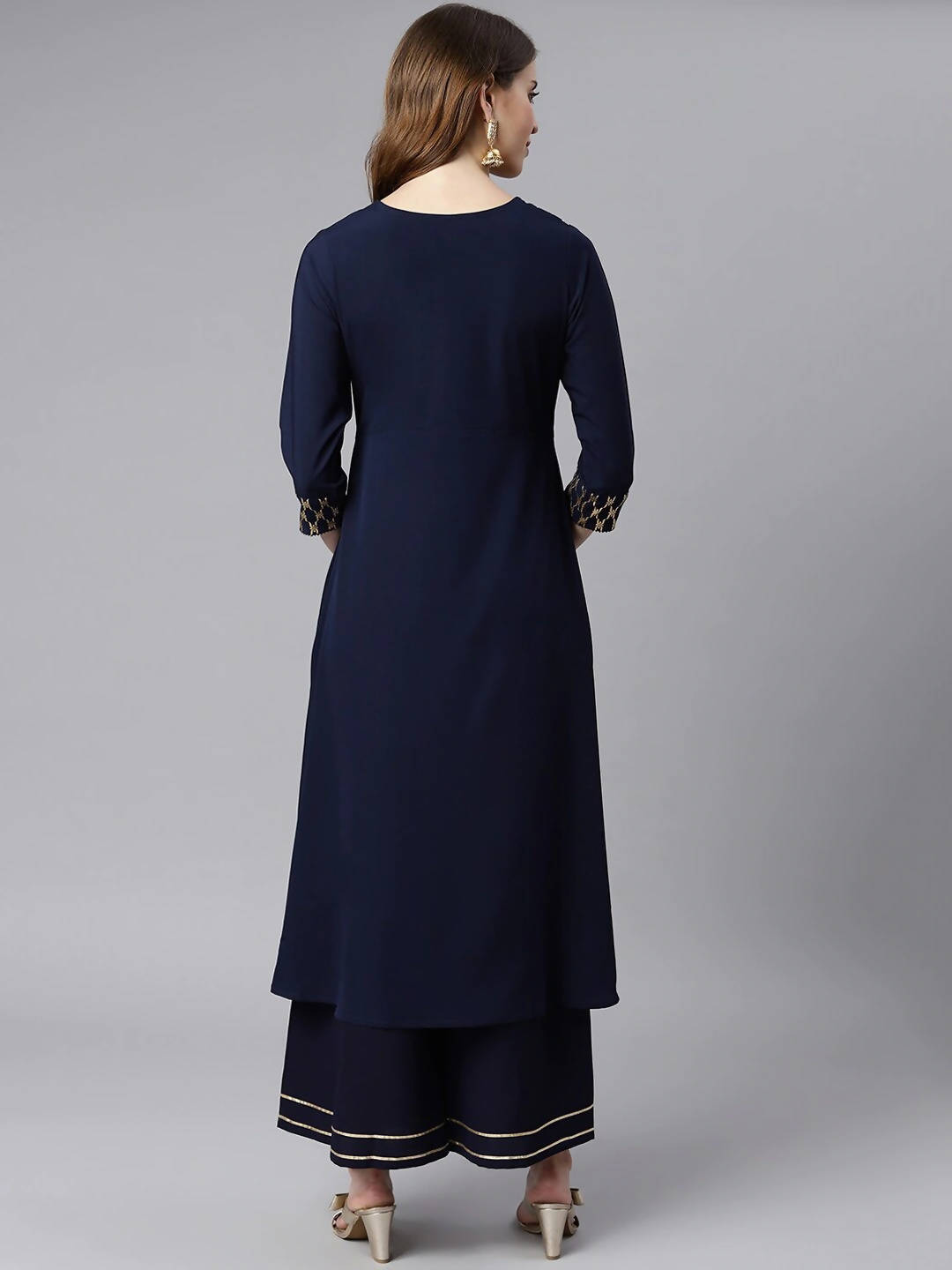Janasya Women Navy Blue & Gold-Toned Printed Yoke Design Keyhole Neck Crepe Anarkali Kurta